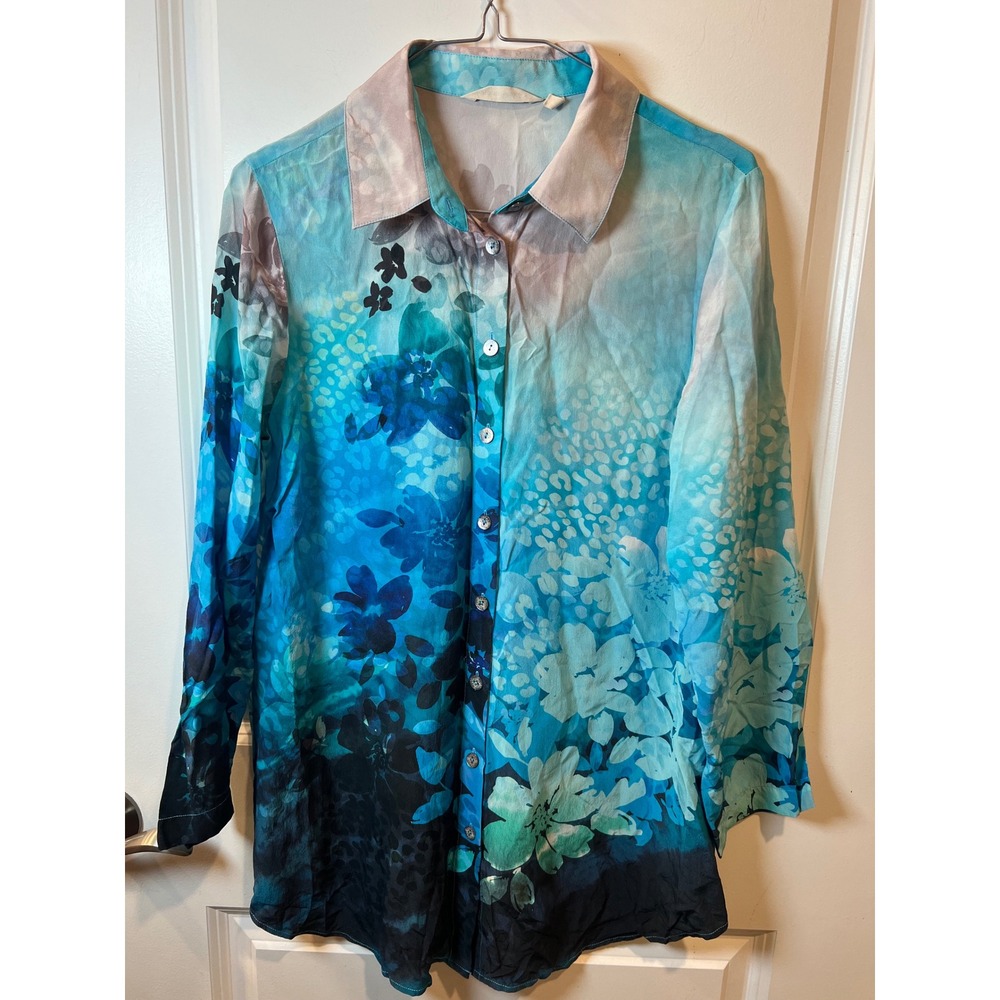 Soft Surroundings Womens Button Down 100% Silk Floral Leopard Blue Size S